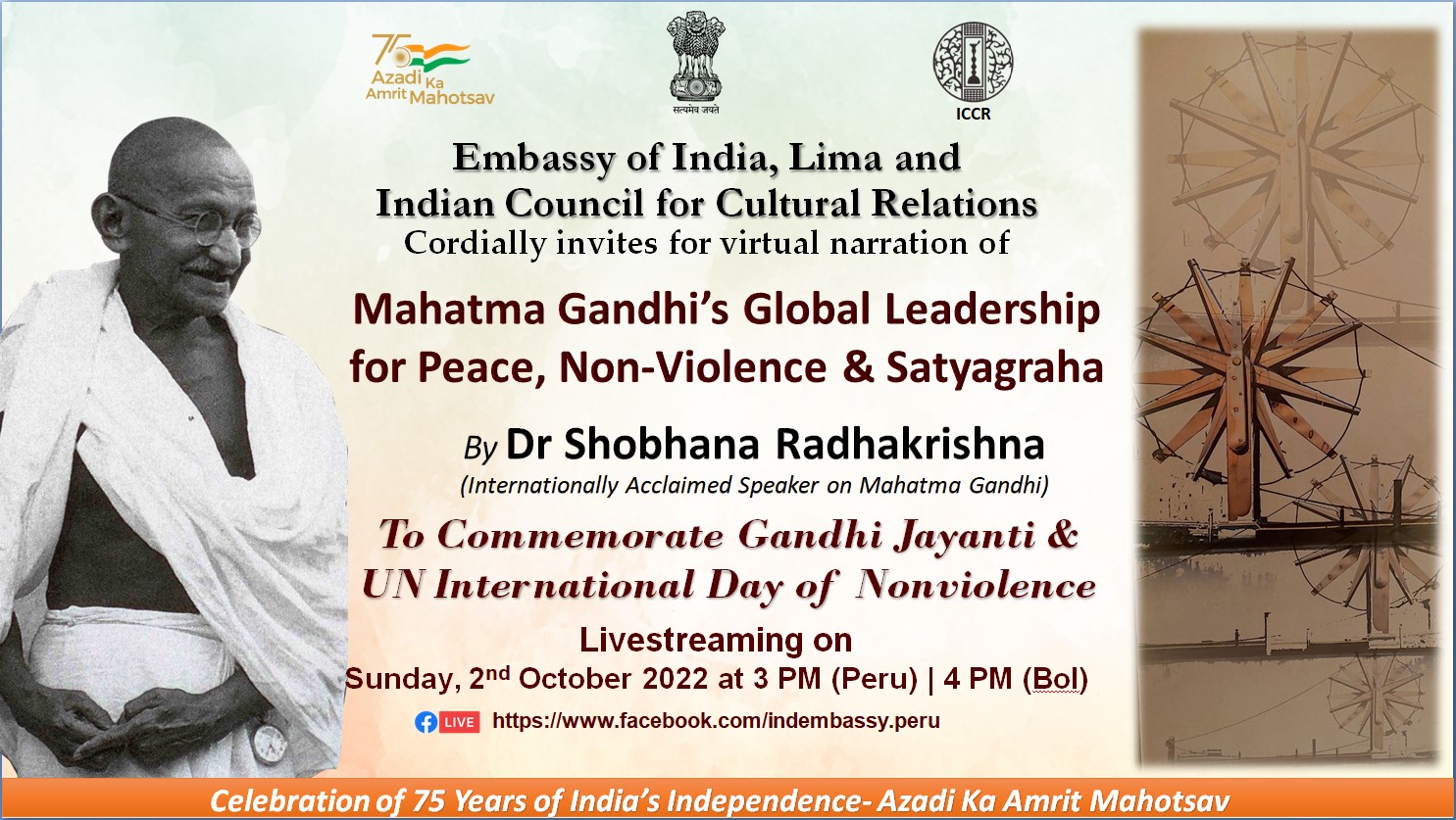 Continuing with the commemmorations of  #GandhiJayanti , Embassy of India, Lima  presented a virtual narration on Mahatma Gandhi’s Global Leadership for Peace, Non-Violence & Satyagraha.